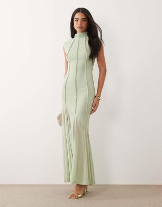 Asos Vestito lungo accollato in rete verde salvia con cuciture a vista