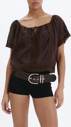 Mango Pintuck Lace Trim Cotton Shirt in Brown at Nordstrom, Size 10