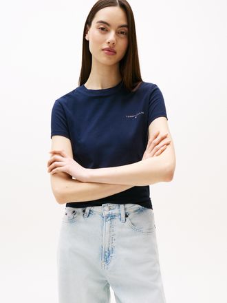 Tommy Jeans Kurzarmshirt TOMMY JEANS TJW SLIM LINEAR SS TEE EXT, Damen, Gr. XXL (44), blau (schwarz night navy), Jersey, Obermaterial: 100% Baumwolle, unifarben, 