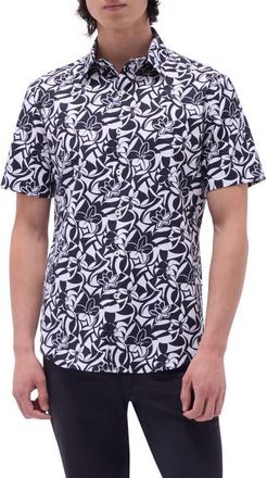 Bugatchi Orson Floral Short Sleeve Stretch Cotton Button-Up Shirt in Black at Nordstrom, Size Xxx-Large