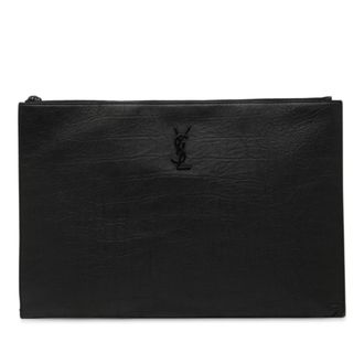 Saint Laurent Pre-owned Womens Croc Embossed Leather Monogram Clutch - Black - One Size