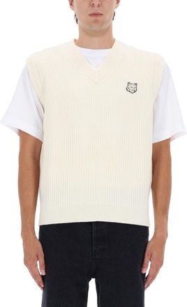 Maison Kitsun&eacute; Beige Knitted V Neck Sweater
