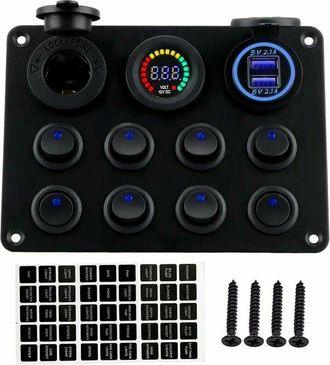 OEM Panneau Interrupteurs &Agrave; Bascule - 8 Voies - 12 V / 24 V - Affichage Led Tension - Chargeur Usb Double - Pour Bateau Voiture Caravane - 1 Pi&egrave;ce