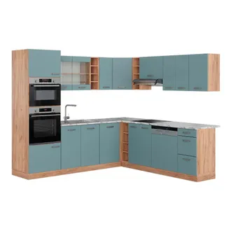 Vicco Cocina Esquinera R-line, Roble Azul-gris-dorado, 237 X 247 Cm, Et M&aacute;rmol