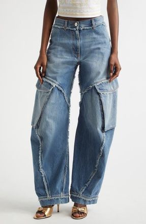 Versace Frayed Raw Cut Wide Leg Cargo Jeans in Medium Blue at Nordstrom, Size 26