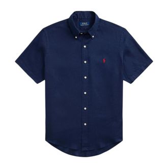 Ralph Lauren Custom FIT Korte mouw Linnen Blouse Navy - Heren - Korte mouwen Overhemden - Blauw - 2XL - Linnen - Overhemden
