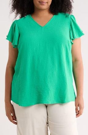 Adrianna Papell Flutter Sleeve V-Neck Blouse in Simply Green at Nordstrom Rack, Size 3X