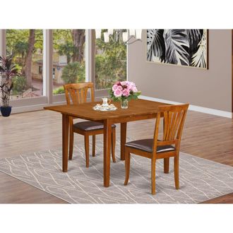 East West Furniture 3 Pc set Milan Table with Leaf and 2 Leather Chairs in Saddle Brown
