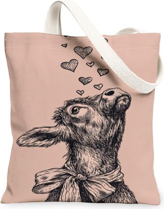 Generic Heart Pattern Animal Canvas Tote Bags, Stylish Vintage Reusable Grocery Bags, Lightweight Washable Shoulder Strap Canvas Fo, Peach, 13x15 Inch