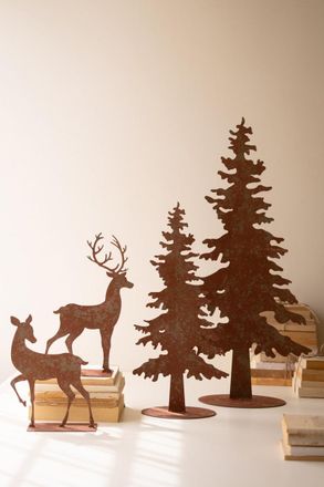 Kalalou Set Of Four Rustic Metal Christmas Trees And Reindeer