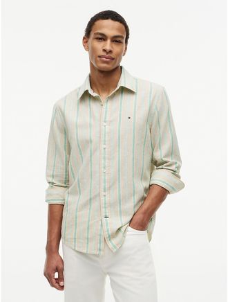 Tommy Hilfiger Mens Regular Fit Striped Linen-Blend Shirt - Green - XXL