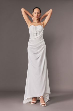 Karen Millen Womens Archive Collection - Tailored Satin Drape Corset Fishtail Maxi Dress - White - Size 10 UK
