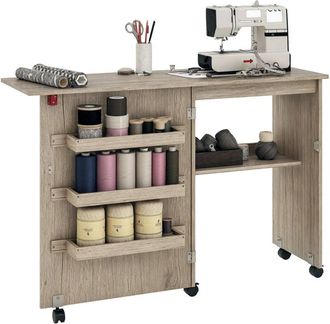 HOMCOM Folding Sewing Table Rolling Craft Table with Drop Leaf Wheels Grey