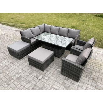 Fimous Outdoor Garden Furniture Set Wicker pe Rattan Height Adjustable Rising Lifting Table Sofa Dining Set with 2 Big Footstool 2 Armchairs Dark Grey Mixed
