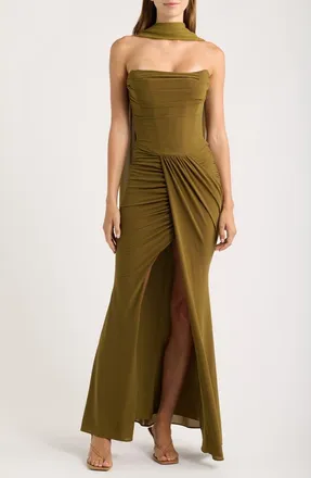 House of CB Portia Strapless Crepe Gown & Georgette Scarf Set in Olive at Nordstrom, Size X-Small