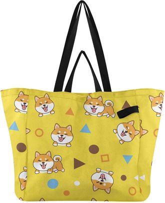 Generic Shiba Dog Yellow pattern Reusable Canvas Tote Bag, Heavy Duty Grocery Shopping Bag with Double Handles Large Capacity Hard Bottom Work Groceries Trave