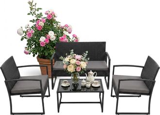Relaxdays Relaxdays Set Jard&iacute;n 4 Pzs Rat&aacute;n, 4 Pers., Banco 2 Plazas, 2 Sillas, Mesa De Cristal, Lounge Exterior, Negro
