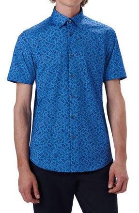 Bugatchi OoohCotton Floral Short Sleeve Button-Up Shirt in Classic Blue at Nordstrom, Size Small