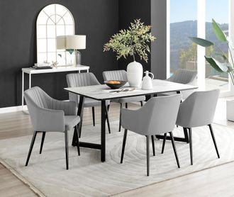 Furniturebox Carson White Marble Effect Dining Table & 6 Calla Black Leg Chairs in Grey