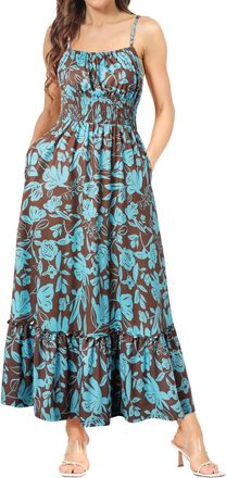 Grace Karin Ladies Elegant Summer Floral Beach Maxi Dresses Smocked A Line Strappy Dress Dual Layer Brown with Blue Floral XL