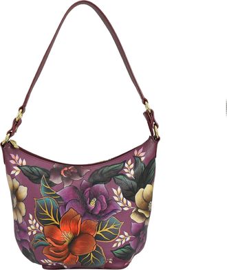 Anuschka Large Shoulder Hobo, Womens Hand-Painted Genuine Leather Handbag, Floral Dusk, One Size