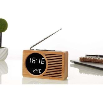 OEM Radio De Mesita De Noche Retro De Madera, Despertador Silencioso, Regalo Creativo, Reloj Electr&oacute;nico, 16,5 X 4,5 X 9 Cm, Espejo De Bamb&uacute; Aut&eacute;ntico, Lu