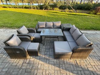 Fimous 11 Seater Rattan Outdoor Garden Furniture Sofa Set Patio Table & Chairs Set with 3 Seater Sofa Rectangular Dining Table Side Table in Dark Grey