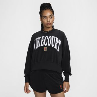 Nike Womens Court Heritage Over-Oversized Crew-Neck Graphic Tennis Sweatshirt in Black | FQ2242-010