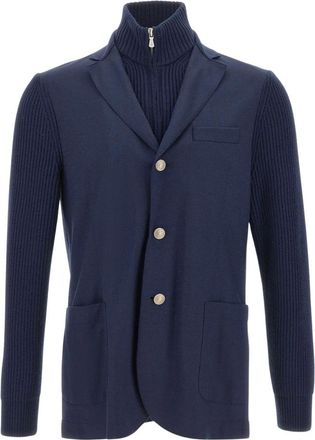 Eleventy Jassen, Heren, Blauw, 2Xl, Wol, Enkelrijig Jersey Jas van Wol
