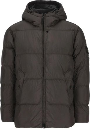 Stone Island Jassen, Heren, Grijs, XL, Leer, Gevoerde Jas met Capuchon