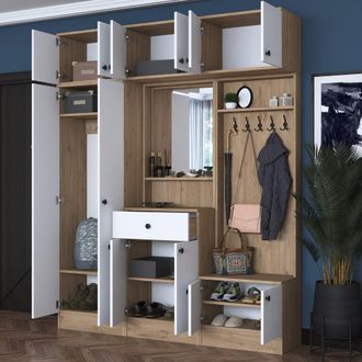 Dmora Mueble De Entrada Torpenn, Espejo Incluido, Perchero, 11 Estantes, 179x38x226h Cm Blanco
