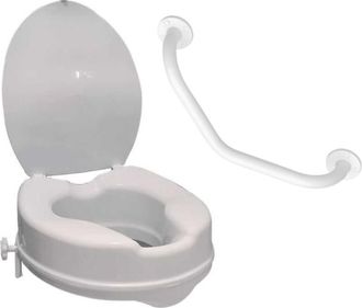 Pellet Elevador Para Inodoro Pmr Pellet De Pl&aacute;stico Blanco Con Asiento De 10 Cm + Barra De Apoyo Inclinada Pmr Pellet Essentiel