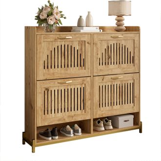 STILVORA Mueble Zapatero Con 4 Puertas De Lamas Y Estructura De Metal, Almacenaje Compacto, En Mdf, 108,5&times;24&times;100 Cm, Madera