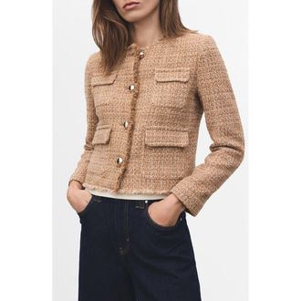 Mango Fray Trim Tweed Crop Jacket in Medium Brown at Nordstrom Rack, Size Large