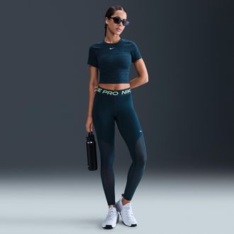 Nike Womens Nike Pro Mid-Rise Full-Length Mesh-Paneled Leggings in Blue | HJ1163-478