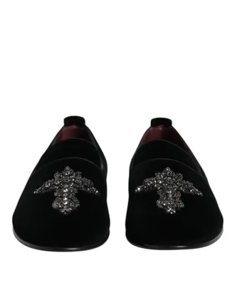 Dolce & Gabbana Black Velvet Embellished Loafer Slip On Mens Shoes