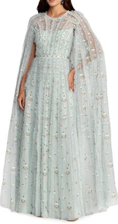 Mac Duggal Embroidered Cape Sleeve Ruffle Detail Tulle Gown in Seafoam Multi at Nordstrom, Size 10