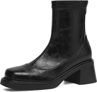 Generic Women Ankle PU Leather Boots Square Toe Side Zip Low Chunky Block Heels Textured Stitching Slip On Comfortable Durable Fashion,Black,4.5 UK