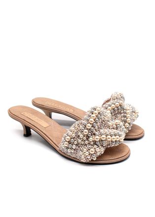 Chanel Beige Faux Pearl Embellished Leather Mules Size 38