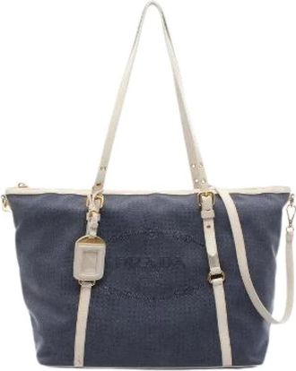 Prada Pre-owned Tote Bags, female, Blue, Size: ONE SIZE Pre-owned Logo Jacquard Canvas Leather Tote Bag