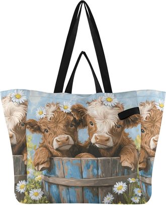 Generic Cows Flowers Brown pattern Reusable Canvas Tote Bag, Heavy Duty Grocery Shopping Bag with Hard Bottom Double Handles Large Capacity Work Groceries Tra