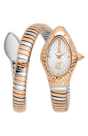 Just Cavalli Snake Wraparound Bracelet Watch, 20mm x 34.5mm in Silver/Rose Gold at Nordstrom Rack