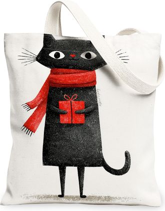 Generic Cat Canvas Tote Bags, Cute Animal Pattern Reusable Grocery Bags, Winter Vintage Lightweight Washable Shoulder Strap Canvas for Travel 13x15 Inch