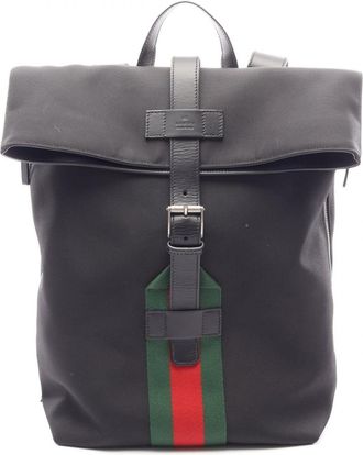 Gucci Black Multi-Color Leather Nylon Canvas Backpack Handbag (Pre-Owned)
