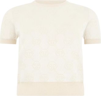 Philipp Plein Knit Top Monogram - Dames - Ronde hals truien - Beige - L - Truien & Vesten