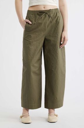 Damson Madder Felix Ticking Stripe Organic Cotton Drawstring Pants in Olive at Nordstrom, Size 16 Us