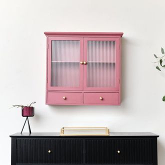 Melody Maison Raspberry Red Reeded Glass Wall Cabinet With Drawers in Bright Pink