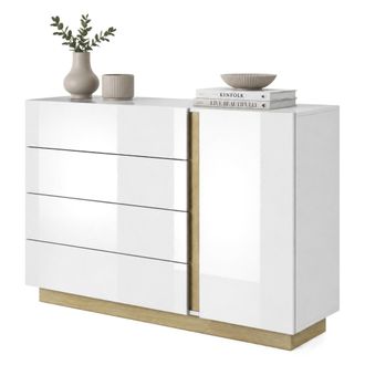 Dmora Credenza Halana, Aparador 4 Cajones, Un Estante, Puerta Batiente, Deslizante, 138x40x91h Cm Blanco Brillante