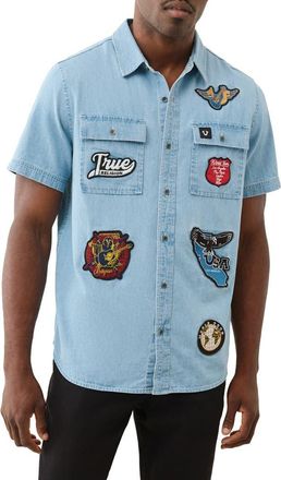 True Religion Logo Patch Short Sleeve Cotton Chambray Button-Up Work Shirt at Nordstrom, Size Xxx-Large
