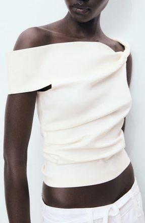 Mango Pleated One-Shoulder Top in Ecru at Nordstrom, Size Large